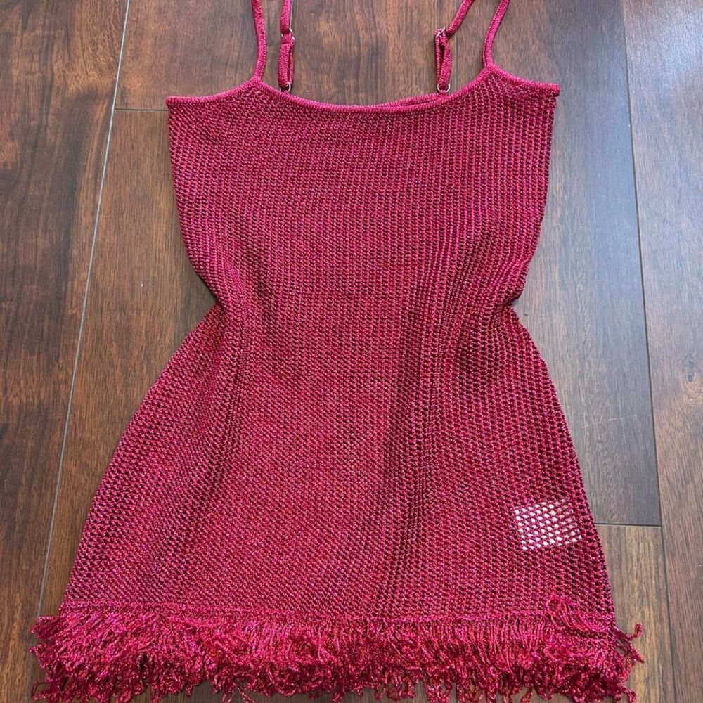 White fox Women's fuschia metallic mini dress with fringe